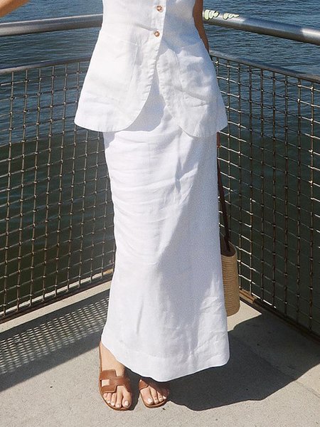 Casual Cotton Plain Maxi Skirt, White, Skirts