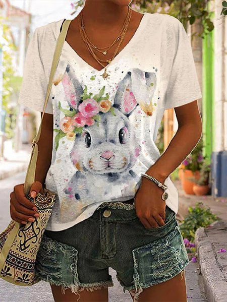 

Women's Easter Bunny Print Casual V-Neck Short Sleeve T-Shirt, As picture, T-shirts