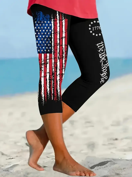 

Women Independence Day (Flag) Capris Elastic Waist Pant Casual Summer Trousers, Black, Leggings