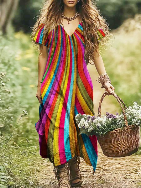 

Women Geometric V Neck Short Sleeve Comfy Casual Maxi Dress, Multicolor, Maxi