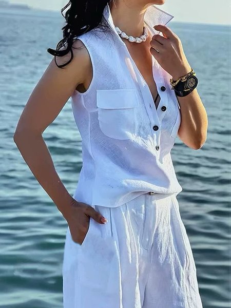 Cotton And Linen Casual Plain Shirt Collar Shirt, White, Blouses and Shirts