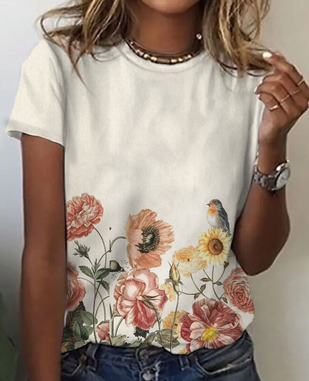 

Bird flower Print T-Shirt, Apricot, T-shirts