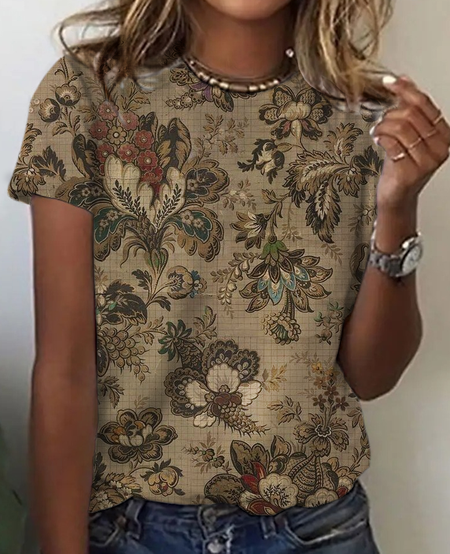 

Vintage flower Print T-Shirt, Khaki, T-shirts