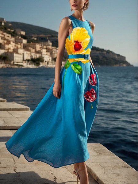 Cotton And Linen Vacation Floral Printing Crew Neck Midi Dress With Belt, As picture, Midi Dresses