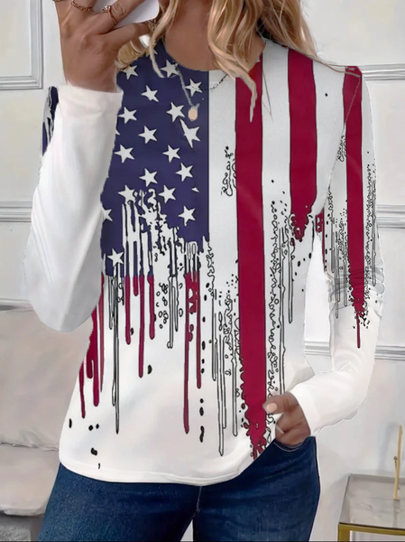 

Women Independence Day (Flag) Long Sleeve Tee T-shirt Crew Neck Printing Casual Spring/Fall Graphic Tee Top, White, T-Shirts