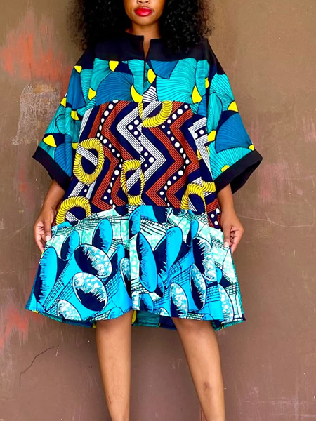Casual Geometric Printing Crew Neck Mini Dress, As picture, Mini Dresses
