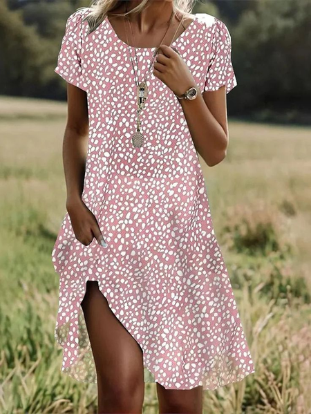 

Women Polka Dots Short Sleeve Summer Printing Dress Crew Neck Daily Casual Mini Tunic H-Line Dress, Pink, Casual Dresses