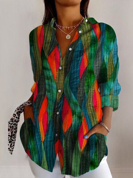 Shirt Collar Long Sleeve Geometric Regular Micro-Elasticity Regular Fit Shirt For Women, Green, Shirts