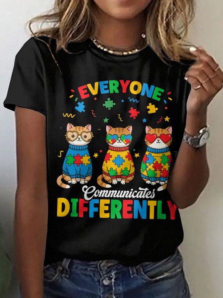 

Casual Animal Crew Neck Short Sleeve T-shirt, Black, T-shirts