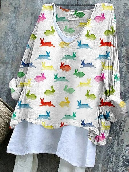 

Vintage Easter (rabbit) V Neck Long Sleeve T-shirt, As picture, T-shirts