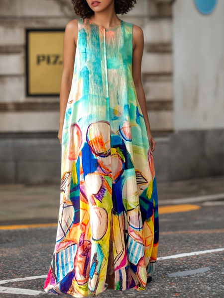 

Vacation Pop Art Print Printing Crew Neck Maxi Dress, As picture, Maxi Dresses