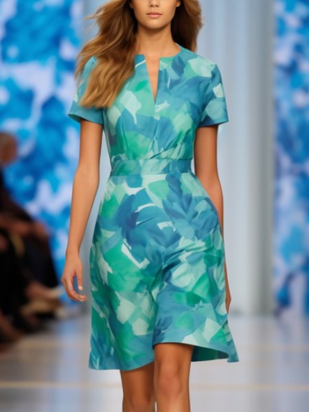 

Elegant Random Print Printing Notched Mini Dress With Belt, As picture, Mini Dresses