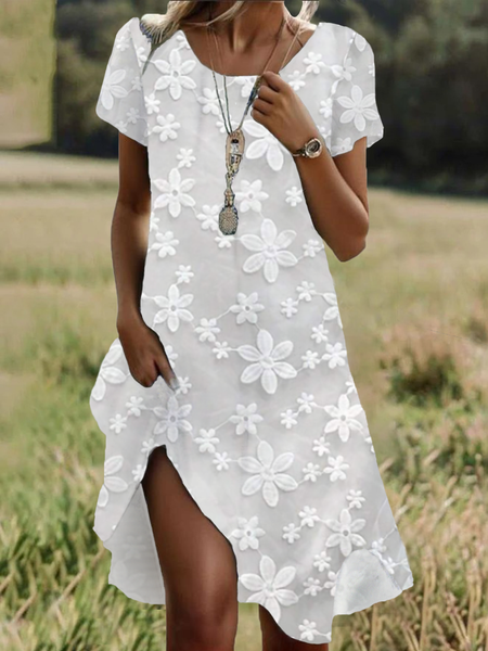 

Women Floral Short Sleeve Summer Printing Dress Crew Neck Daily Casual Mini Tunic H-Line Dress, White, Casual Dresses