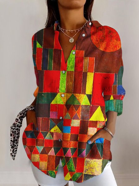 Cotton Geometric Casual Shirt Collar Shirt, Orange red, Blouses