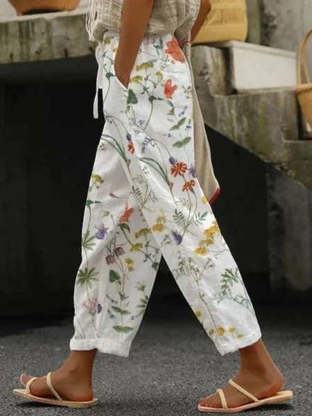 

Cotton Floral Casual Pants, As picture, Pants