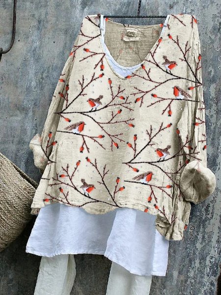 

V Neck Bird Loose Linen T-Shirt, As picture, Long sleeves