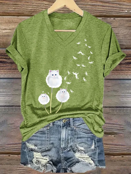 

Cat Dandelion Flower Cotton-Blend Casual V Neck T-Shirt, Green, T-shirts
