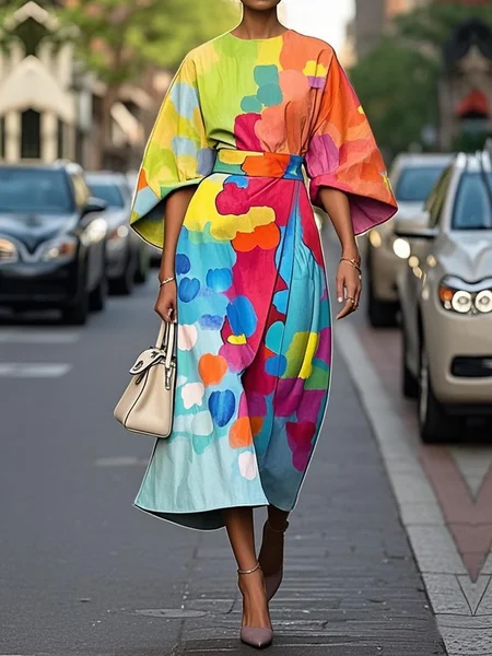 

Vacation Abstract Raglan Sleeve Printing Crew Neck Maxi Dress, As picture, Maxi Dresses