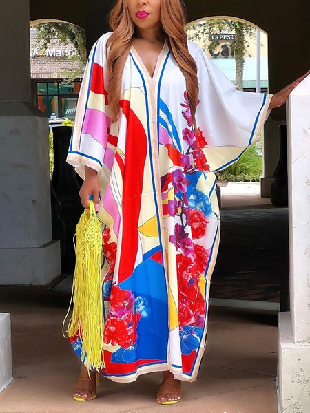 

Vacation Raglan Sleeve Loosen Printing Floral V Neck Kimono, As picture, Kimonos