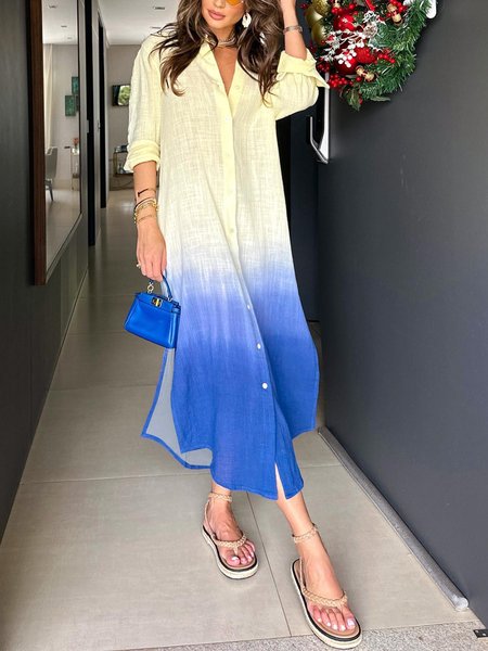 Vacation Gradient Pattern Shirt Collar Maxi Dress, Blue, Maxi Dresses