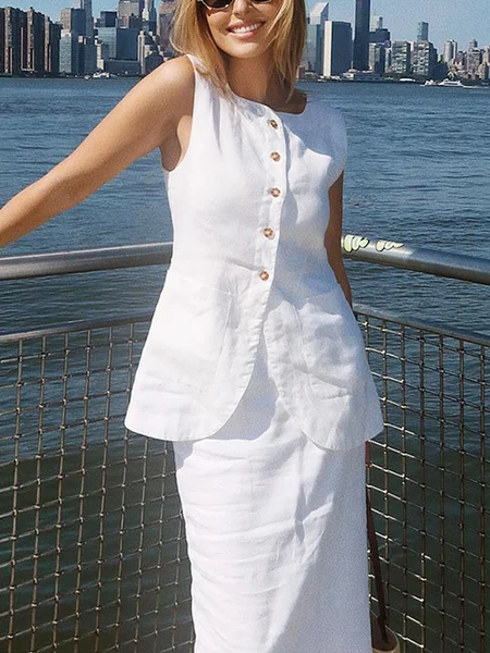 

Casual Cotton Plain Crew Neck Vest, White, Vests and Gilets
