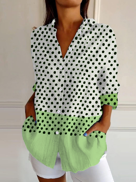 Linen Blend Casual Loose Contrast Stitching Shirt, Green, Blouses