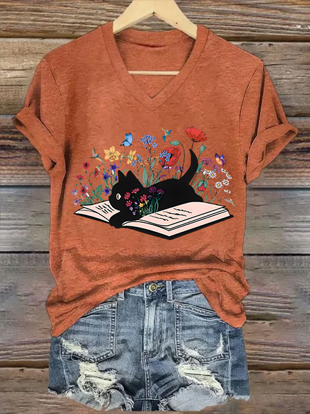 

Cat Book Casual Loose V Neck T-Shirt, Orange, T-shirts