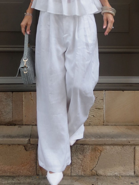 Cotton And Linen Casual Plain Wide Leg Pants, White, Pants