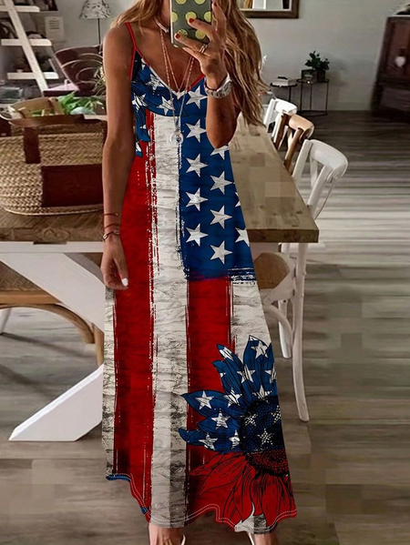 

Women Independence Day (Flag) Sleeveless Summer Printing Dress V Neck Daily Casual Maxi Slip Dress X-Line Dress, As picture, Casual Dresses