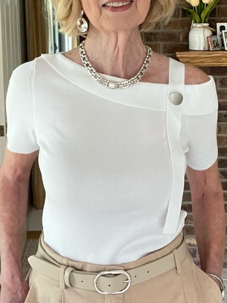 

Casual Asymmetrical Off Shoulder Sleeve Sweater, White, Pullovers