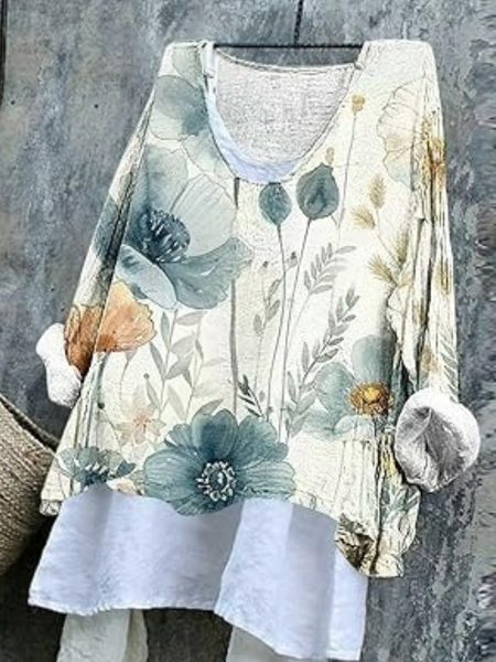 

Women Floral V Neck Vintage Long Sleeve T-shirt, As picture, Blouses & Shirts