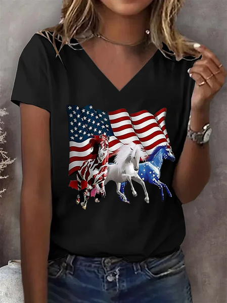 

Women Independence Day (Flag) Short Sleeve Tee T-shirt V Neck Printing Casual Summer Graphic Tee Top, Black, T-Shirts