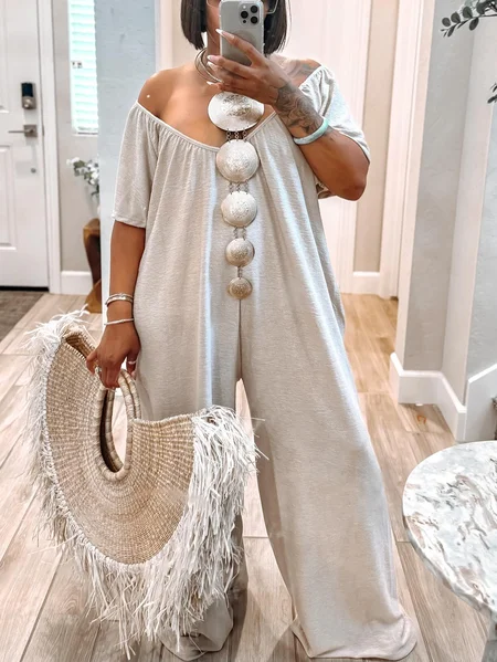 Cotton And Linen Vacation Plain V Neck Jumpsuit No Belt, As picture, Jumpsuits