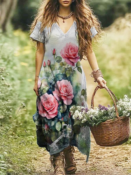 

Women Floral V Neck Short Sleeve Comfy Casual Maxi Dress, Light gray, Maxi