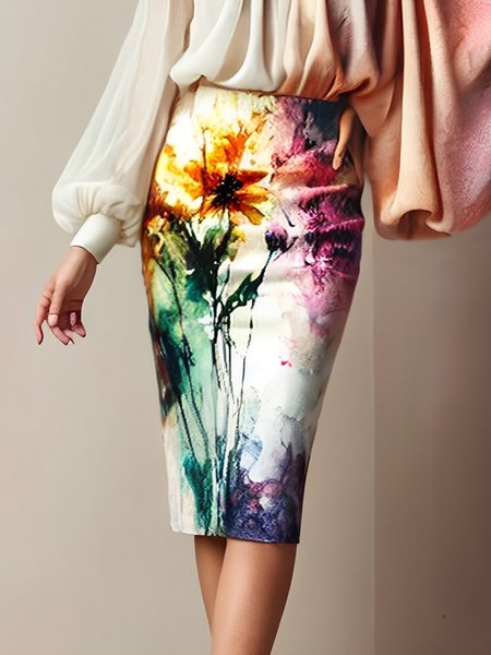 

Elegant Printing Floral Knee Length Skirt, As picture, Skirts