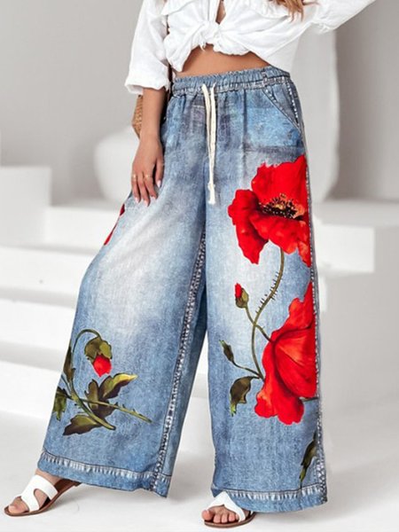 Denim High Waist Casual Floral Wide Leg pants, As picture, Jeans