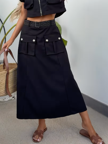 

Casual Pockets Buttoned Midi Skirt With Belt, Black, Skirts