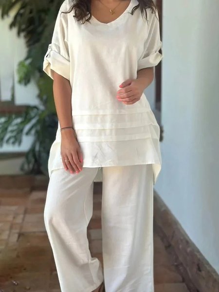 

Casual Plain V Neck Two-Piece Set, White, Suits