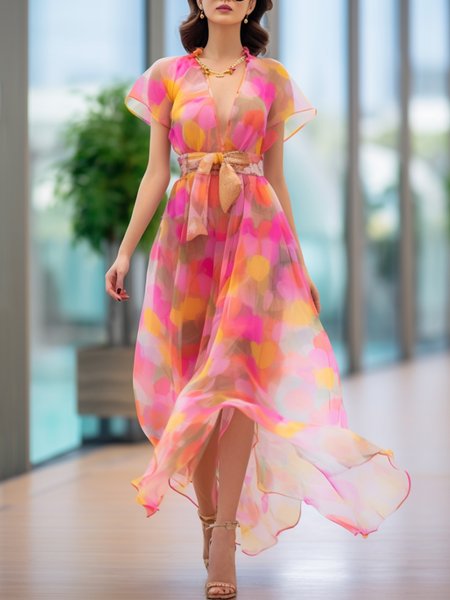 

Elegant Polka Dots Printing V Neck Midi Dress With Belt, As picture, Midi Dresses