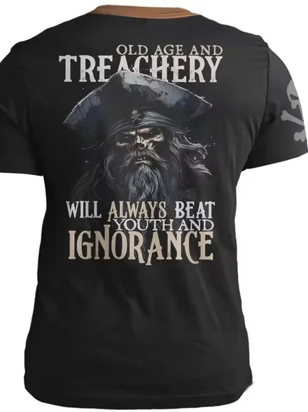 Men's Casual Henley Short Sleeve T-Shirt-Old Man: Treachery, Black, T-shirts