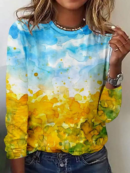 

Casual Floral Crew Neck Long Sleeve T-shirt, Sky blue, T-shirts