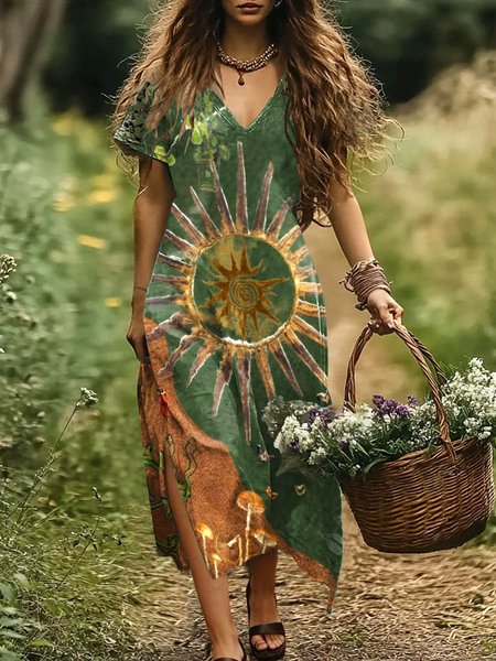 

Women Geometric V Neck Short Sleeve Comfy Casual Maxi Dress, Green, Maxi