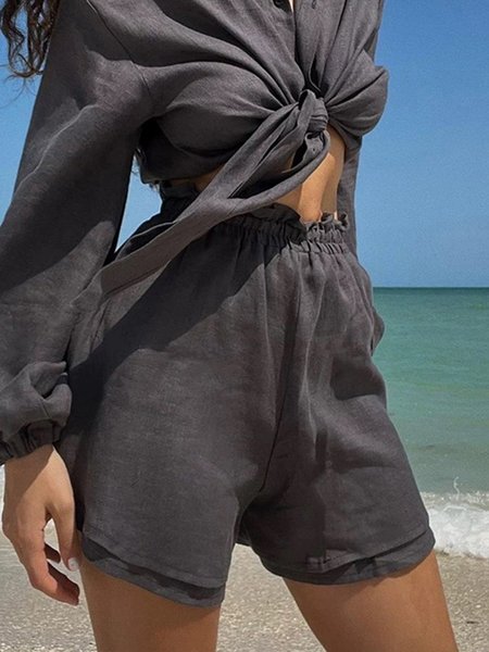 

Vacation Plain Linen blend Loose Shorts, Deep gray, Shorts