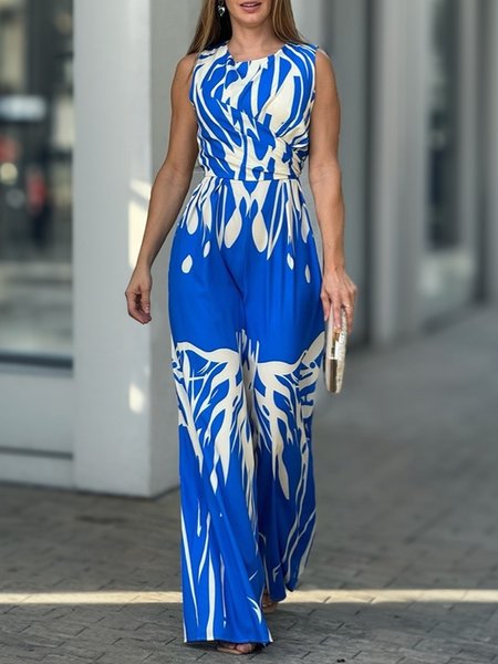 Urban Printing Abstract Crew Neck Jumpsuit, Blue, Jumpsuits