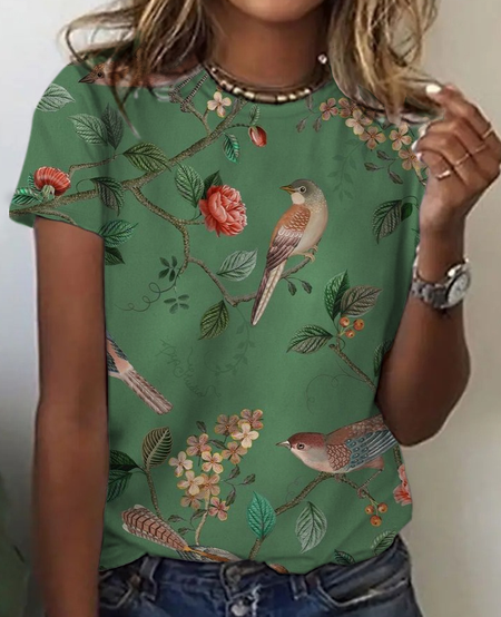Flowers and birds Print T-Shirt, Green, T-shirts