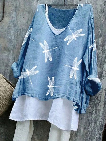 

Vintage Dragonfly Cotton V Neck T-Shirt, Blue, Long sleeves