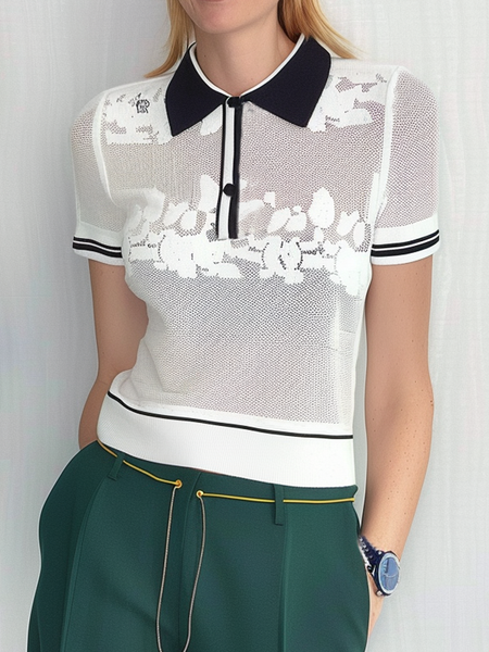 Urban Geometric Polo Collar Knit Top, White, Pullovers