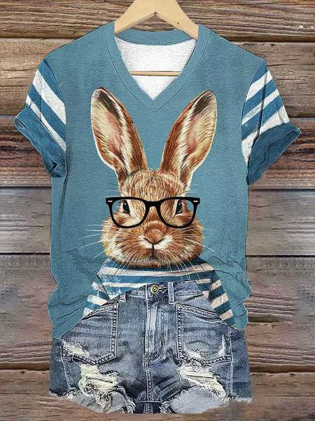 

Casual Easter (rabbit) V Neck Short Sleeve T-shirt, Blue, T-shirts