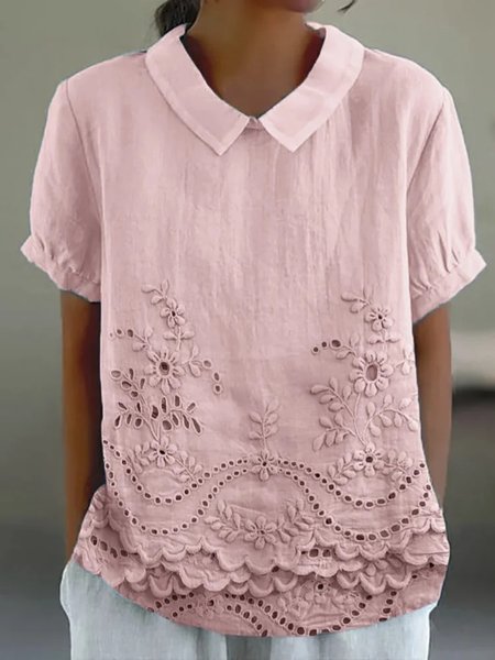 Shawl Collar Half Sleeve Plain Regular Loose Blouse For Women, Pink, Blouses