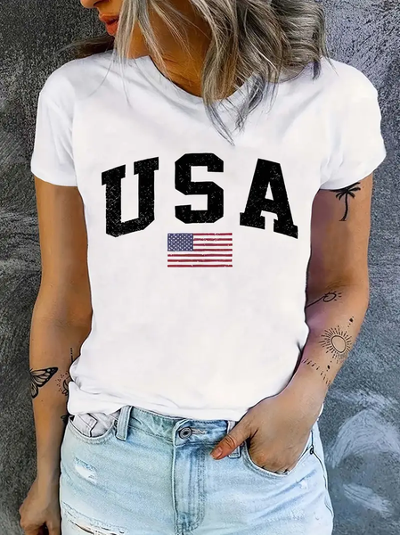 

Women Independence Day (Flag) Short Sleeve Tee T-shirt Crew Neck Printing Casual Summer Graphic Tee Top, White, T-Shirts